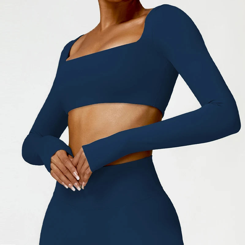 Women’s Square Neck Sports Crop Top – Long Sleeve Quick-Dry Gym Yoga Fitness Activewear