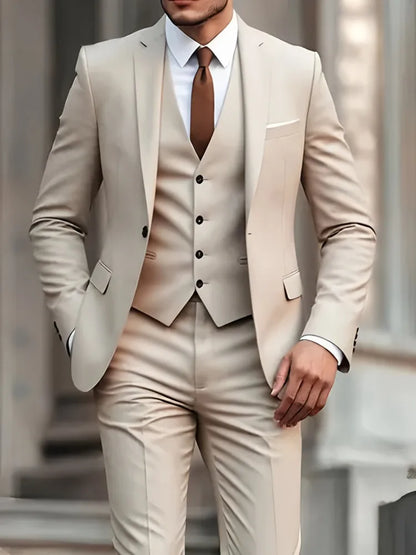 Traje de hombre beige de 3 piezas – Americana de esmoquin formal, chaleco y pantalones, traje de boda para novio, padrino de boda o graduación