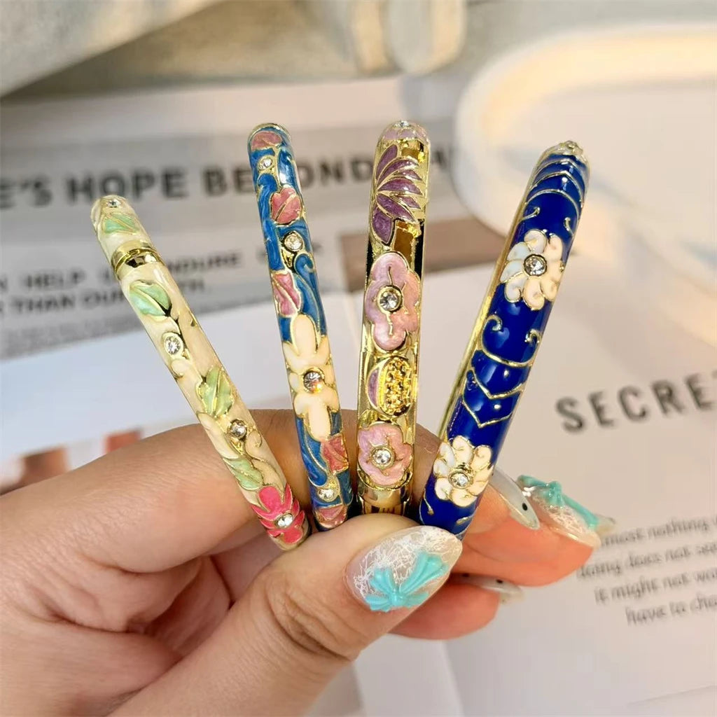 Elegante pulsera de esmalte de flores con circonitas – Pulsera retro chapada en oro con ojo turco floral para mujer | Joyería de moda para fiesta