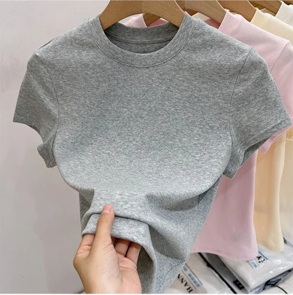 Zjaiss 2026 T-shirt col rond mode été sexy basique uni à manches courtes pour femme style coréen décontracté streetwear