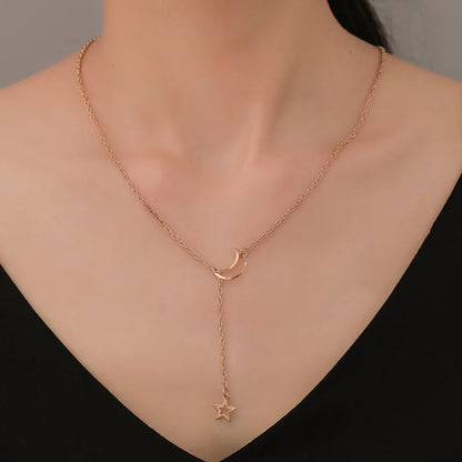 Gargantilla con colgante de luna y estrella dorada – Cadena minimalista de aleación con dije para mujer | Regalo de joyería de moda para fiesta