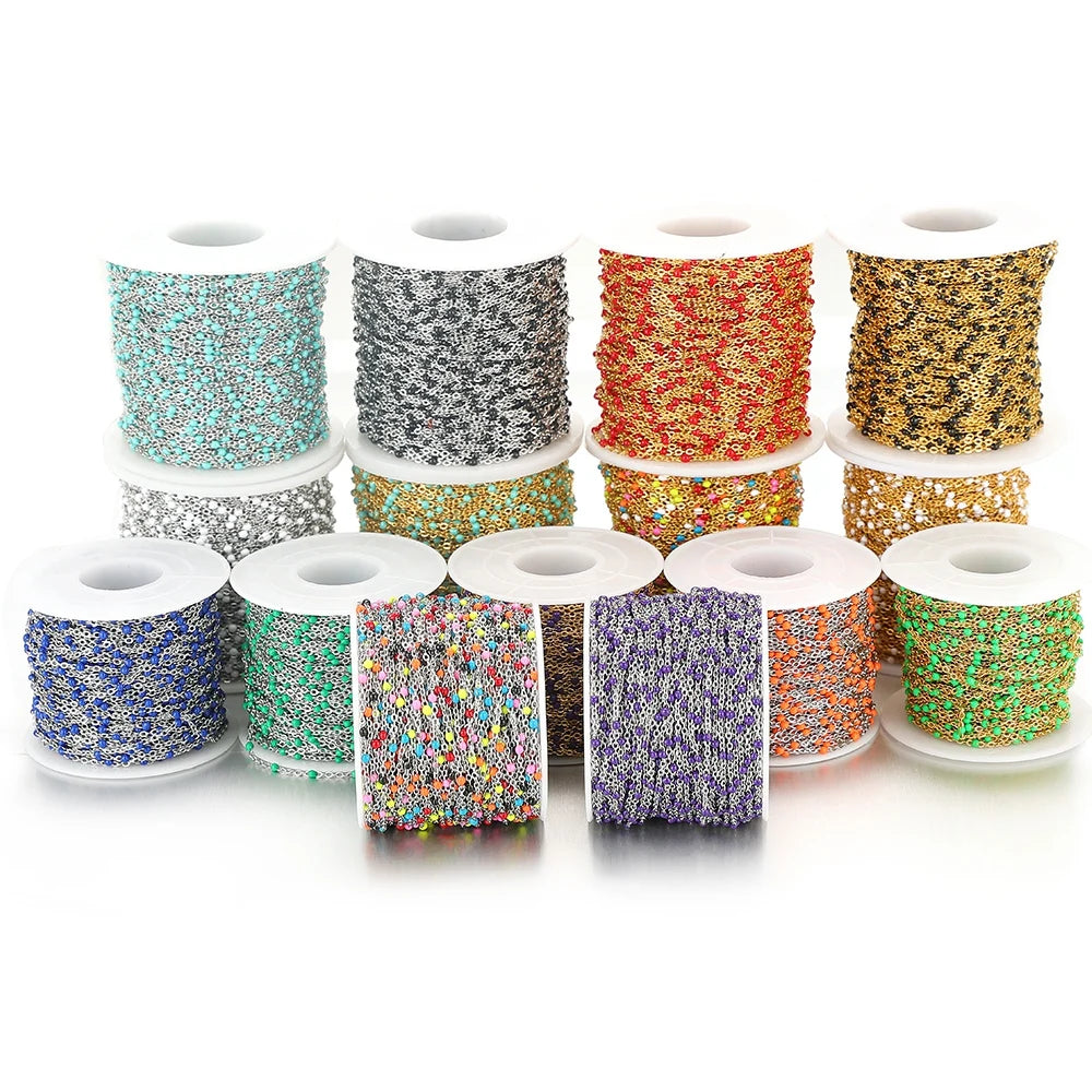 Cadena de eslabones de cuentas de esmalte dorado de acero inoxidable de 2M – Cadena DIY de aceite de goteo para collares, pulseras y suministros de fabricación de joyas