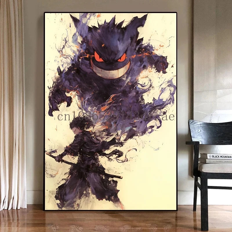Pokémon Canvas Wall Art – Gengar Anime Ink Painting Poster Print for Living Room & Kids Room Decor