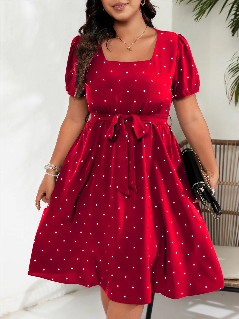 GIBSIE Plus Size Women's Polka Dot Dress – Elegant Square Neck Belted Puff Sleeve A-Line Swing Dress for Summer