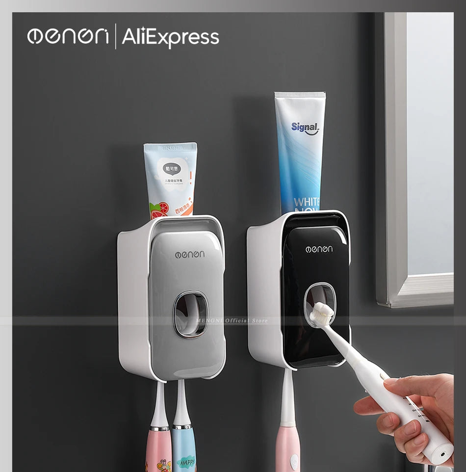 Dispensador de pasta de dientes MENGNI – Exprimidor de pasta dental montado en la pared para baño, soporte para cepillo de dientes sin taladros, organizador manual de bomba de pasta de dientes para almacenamiento y uso diario en el baño