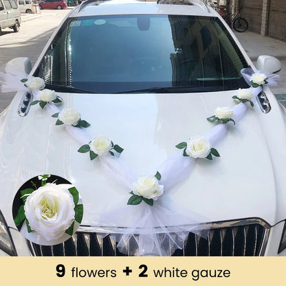 Décoration de voiture de mariage artificielle rose blanche – Ruban de fleurs en soie pour véhicules de mariée et poignées de porte