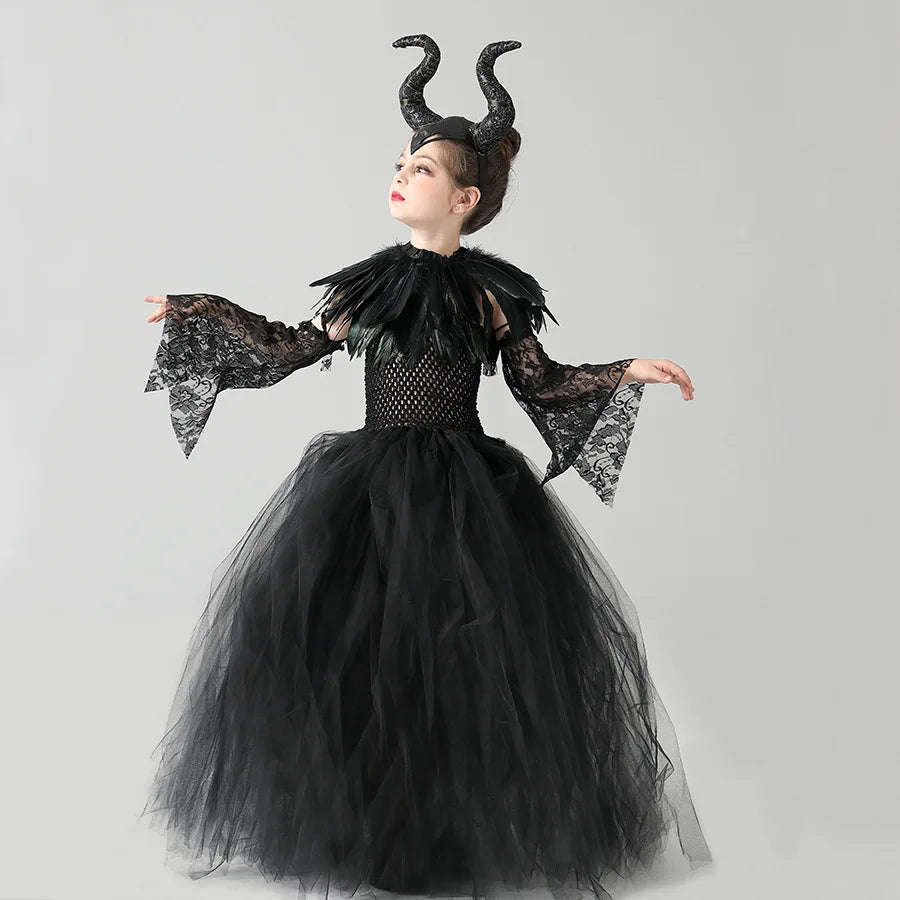 2026 Girls’ Evil Queen Halloween Costume – Black Tulle Mesh Princess Cosplay Dress, Gothic Dress-Up Outfit for Kids’ Halloween Parties
