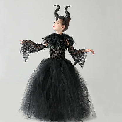 2026 Girls’ Evil Queen Halloween Costume – Black Tulle Mesh Princess Cosplay Dress, Gothic Dress-Up Outfit for Kids’ Halloween Parties