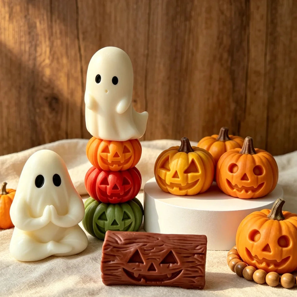 Halloween Mini Ghost Pumpkin Silicone Mold – 3D Stackable Candle Mold for DIY Soap, Resin, Plaster Crafts & Home Decor