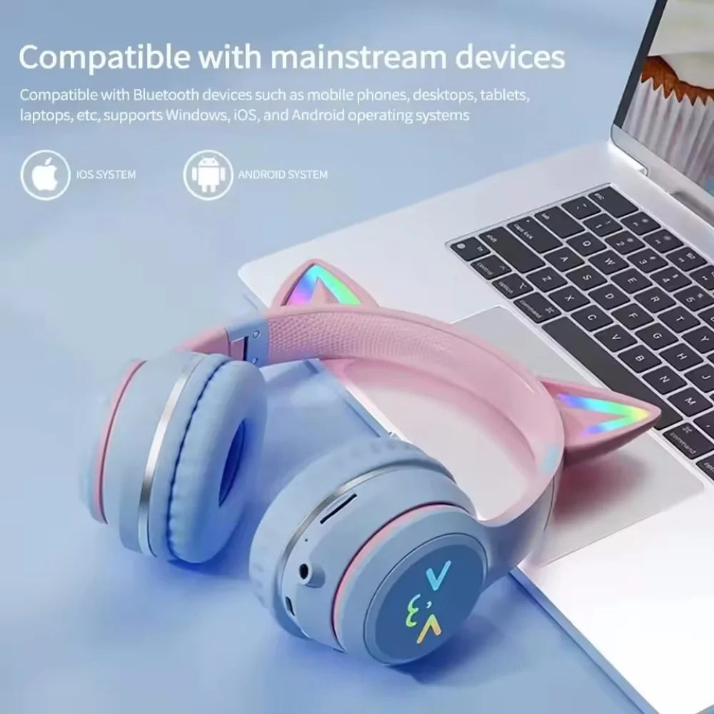 Gradient RGB Cat Ear Wireless Bluetooth Headphones – Cute Stereo Music Gaming Headset with Microphone for Girls & Kids, Fun Gift for Children