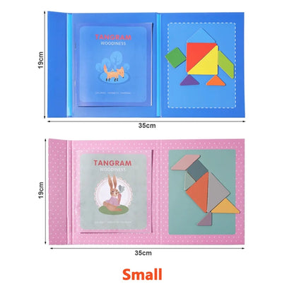 Libro magnético de tangram de madera – Juguete educativo Montessori, rompecabezas portátil para niños, infantes y desarrollo de inteligencia temprana