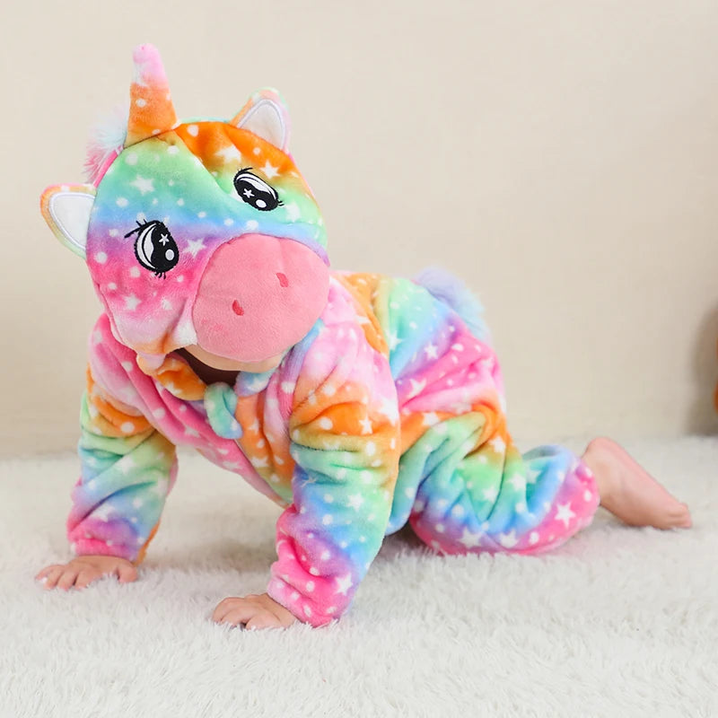 Halloween Dinosaur Baby Romper – Warm Fleece Hooded Kigurumi Pajamas & Animal Jumpsuit for Baby Boys & Girls, Cozy Winter Costume 0-4T