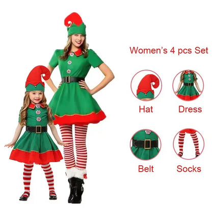 Christmas Santa Claus and Green Elf Costumes for Adults and Kids, Family Matching Cosplay Outfits for Xmas Parties, Carnival, New Year Performances and Holiday Gifts