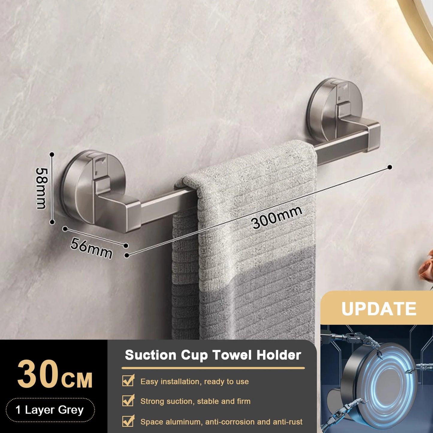 Toallero de Ventosa para Pared, sin Taladro, para Baño, Barra de Toalla de 30/40/50cm, Soporte que Ahorra Espacio