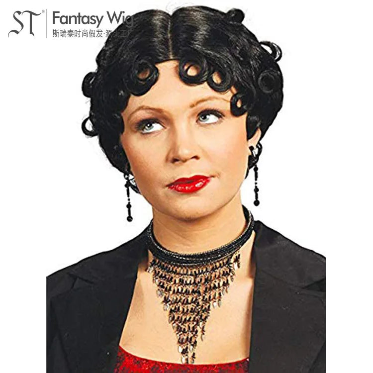 1920s Vintage Black Short Curly Cosplay Wig – Synthetic Party Headgear