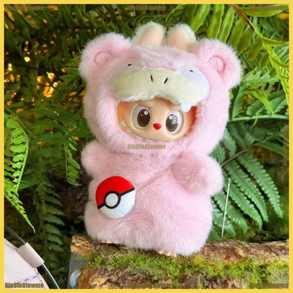 Kawaii Labubu Cartoon Plush Doll Clothes Set – Psyduck, Slowpoke & Charmander Outfit with Backpack, Fashion Mini Doll Accessories
