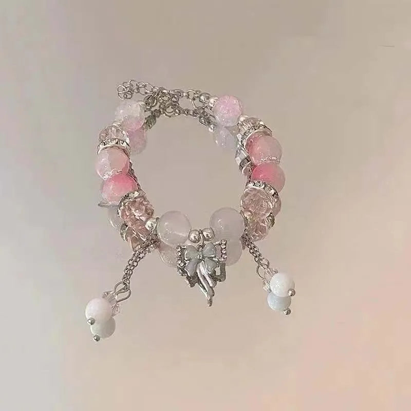 Brazalete coreano de mariposa con flor de cristal rosa – Pulsera dulce de cadena con cuentas y dije colgante para mujer, regalo de joyería de moda