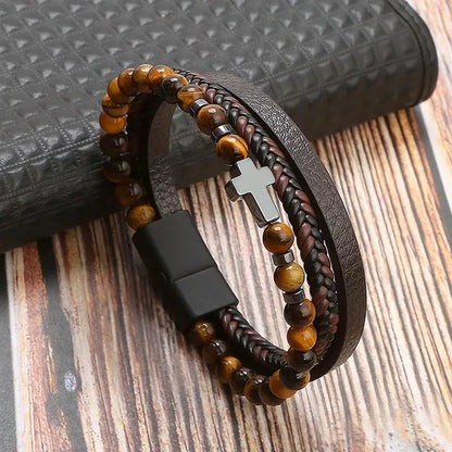 Pulsera de cuero clásica para hombre – Pulsera multicapa tejida a mano para hombre | Accesorio de joyería de moda casual, regalo