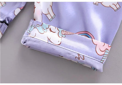 Conjunto de Pijama de Verano para Niñas – Conjunto de Pijama de Satén de Unicornio de Dibujos Animados de 2 Piezas | Ropa de Dormir Suave para Niños Pequeños con Aire Acondicionado