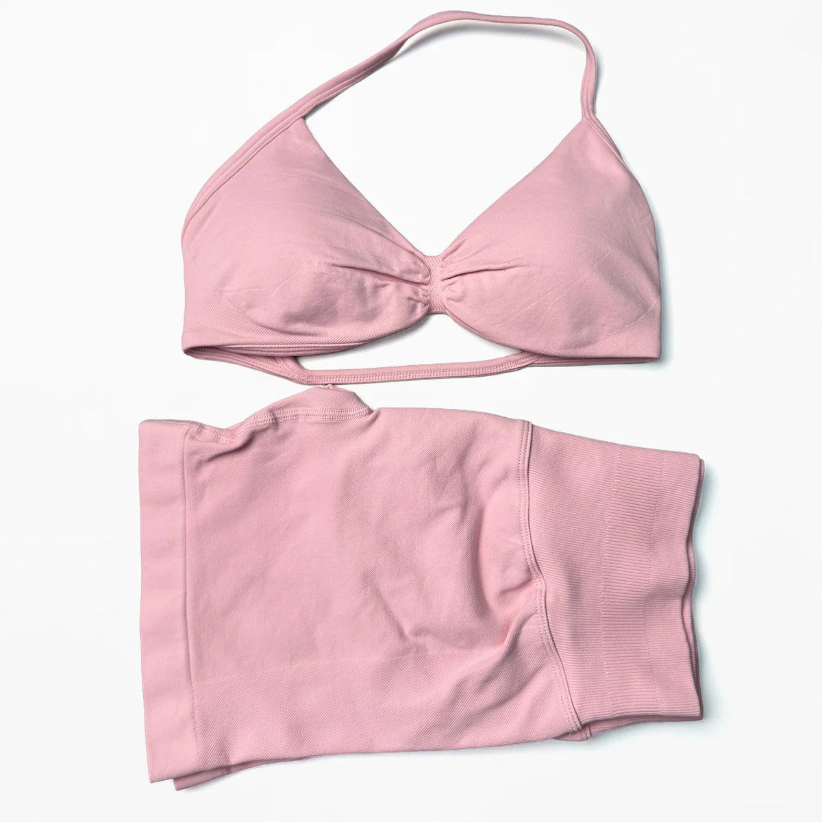 Seamless 2-Piece Yoga Sports Set – Strappy Halter Crop Top with Removable Pads & Quick-Dry Backless Shorts for Gym and Fitness