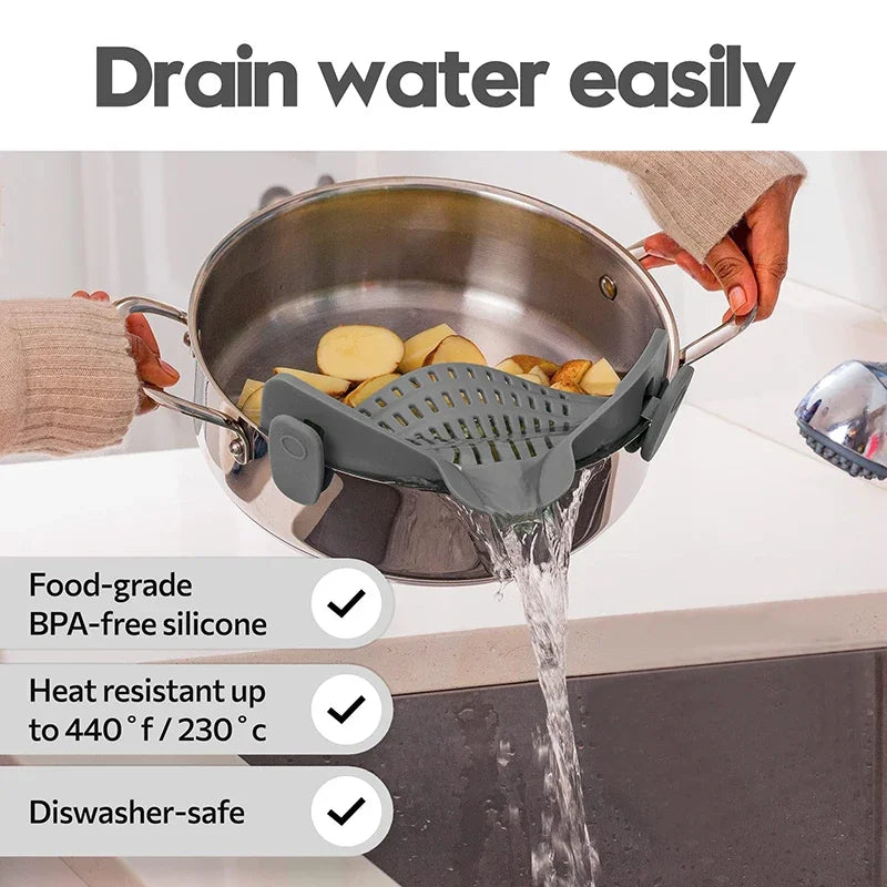 Universal Silicone Clip-On Pot Strainer – Food-Grade Anti-Spill Pasta Colander with Secure Pan Attachment, Reusable Fruit & Vegetable Drainer