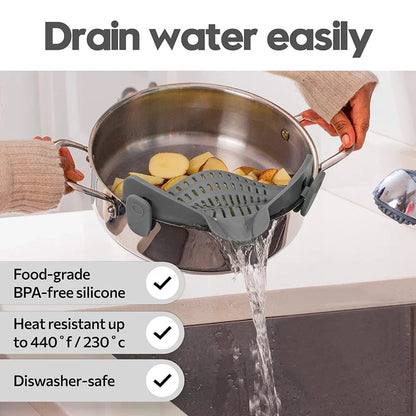 Universal Silicone Clip-On Pot Strainer – Food-Grade Anti-Spill Pasta Colander with Secure Pan Attachment, Reusable Fruit & Vegetable Drainer