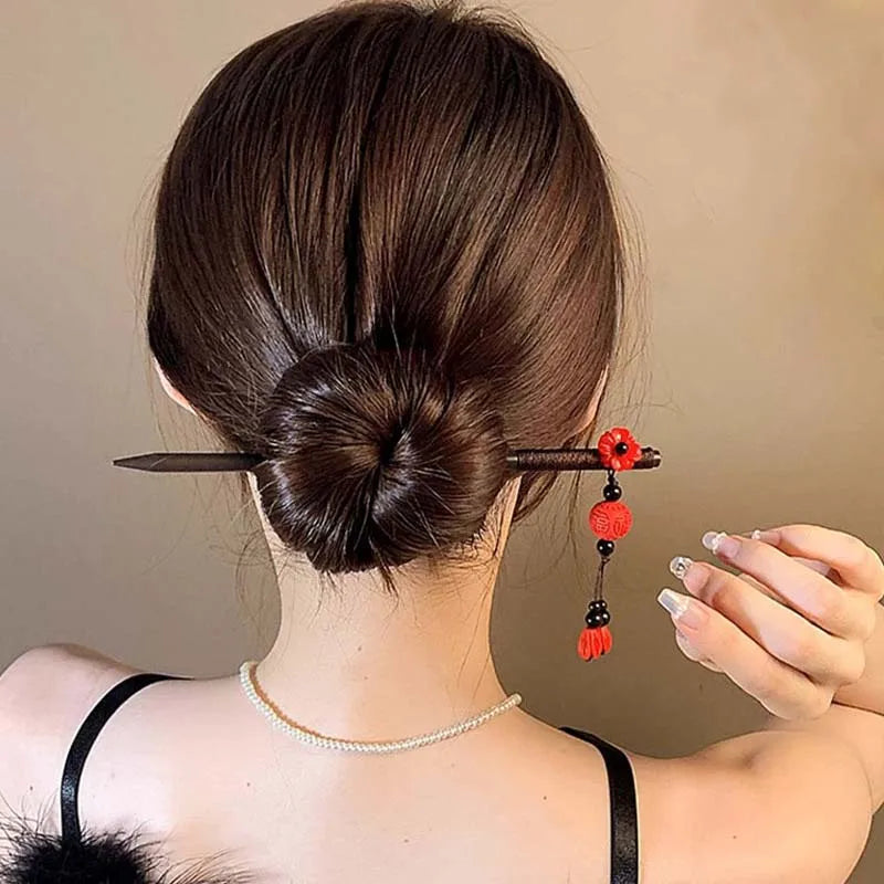 Vintage Chinese Wooden Hair Stick with Red Flower – Hanfu Hairpin Hair Fork for Women