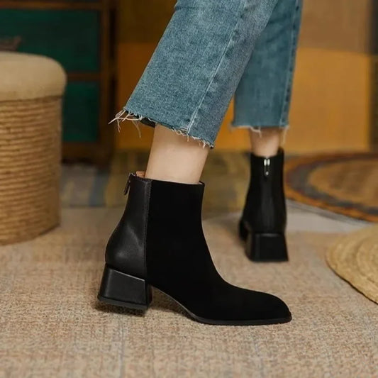 Women's Chelsea Ankle Boots – Stylish Spring & Autumn Frosted Leather Boots with Thick Comfortable Heels, Casual Fashion Shoes