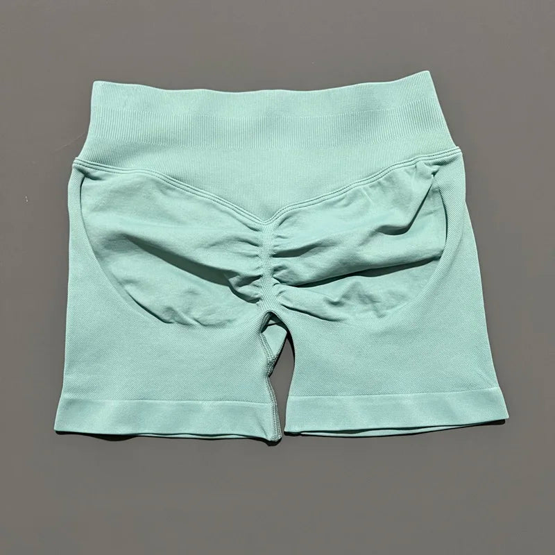 HISTELLO Pantalones cortos de yoga sin costuras de 4.5" para mujer – Pantalones cortos deportivos de talle bajo con efecto fruncido para gimnasio, fitness, correr y ropa deportiva