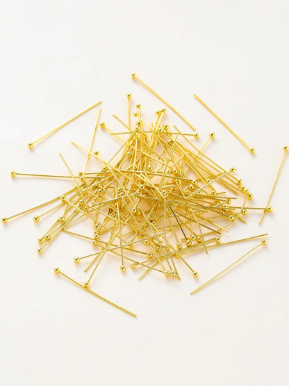 100-Piece 14K & 18K Gold Plated Brass Head Pins Set (16–50mm) – Ball, Flat & Eye Pins for DIY Jewelry Making & Crafts