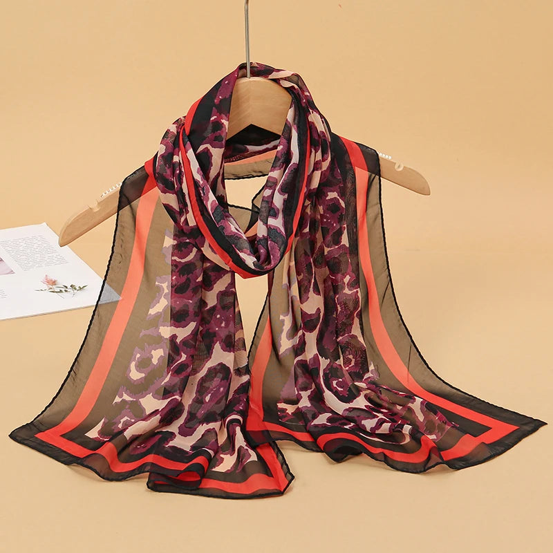 Women's Printed Chiffon Scarf Shawl – Lightweight Silk-Feel Long Wrap for Beach, Travel & Outdoor Wear, Fashion Headband Accessory