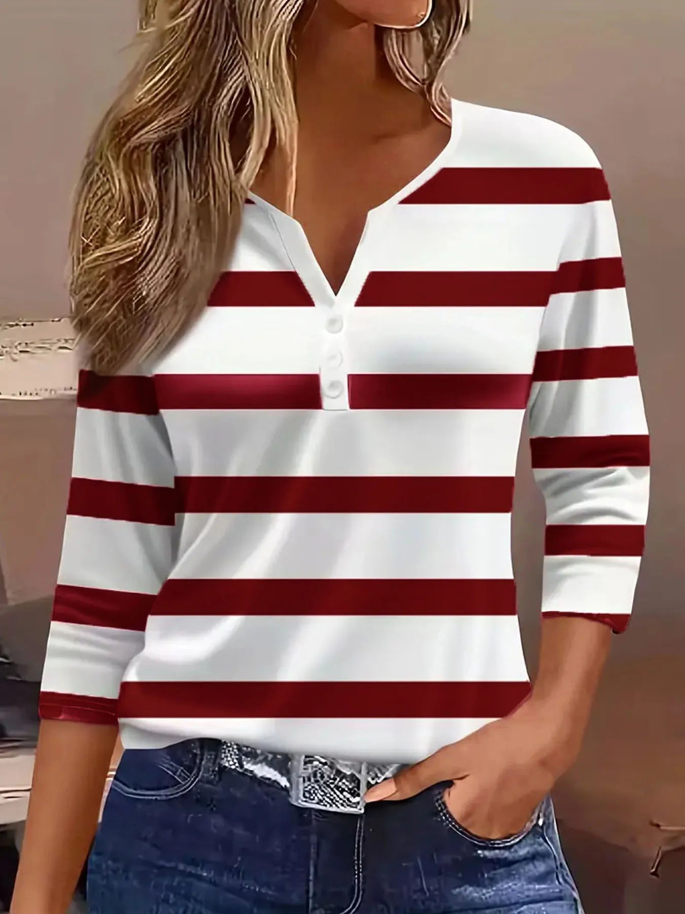 Plus Size Women's Striped Print Long Sleeve Shirt – Half-Button Placket Casual Elegant Warm Top for Fall & Winter
