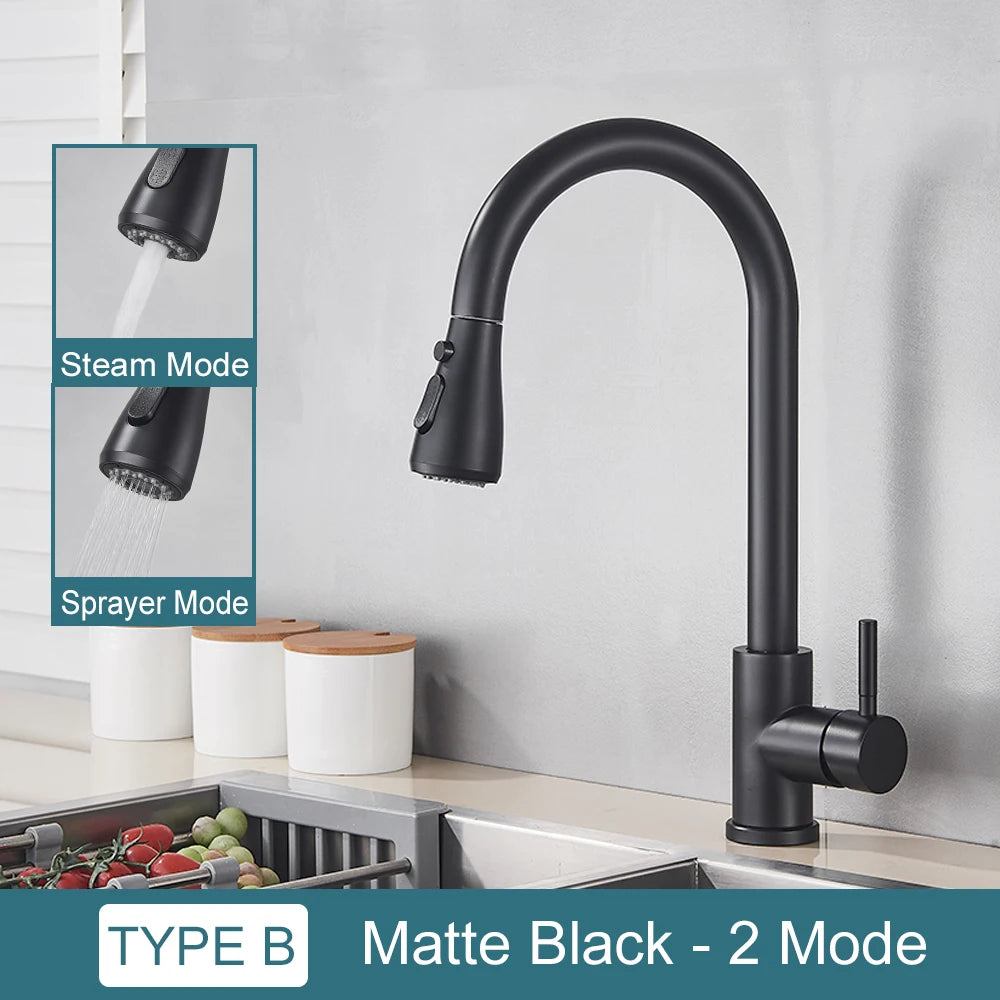 Black Kitchen Faucet – Single-Handle Pull-Out Mixer Tap with 2-Function Spray, Hot & Cold Water, Deck-Mounted Sink Faucet