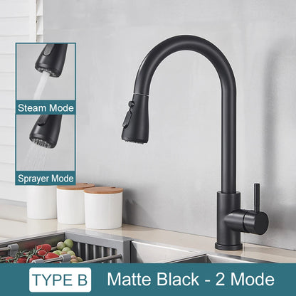 Black Kitchen Faucet – Single-Handle Pull-Out Mixer Tap with 2-Function Spray, Hot & Cold Water, Deck-Mounted Sink Faucet
