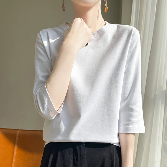 Camiseta de algodón mercerizado para mujer, manga corta, cuello redondo, top básico suave de verano
