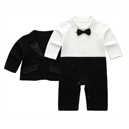 2PCS Baby Boy Gentleman Tuxedo Outfit Set – Black Striped Vest Romper with Bow Tie, Formal Suit Costume for Birthday, Parties & Special Occasions