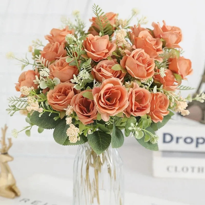 Ramo de Rosas Peonías Blancas Artificiales de 30cm – Flores Falsas de Seda con 5 Flores Grandes y 4 Capullos para Ramos de Novia, Decoración del Hogar y Arreglos Florales