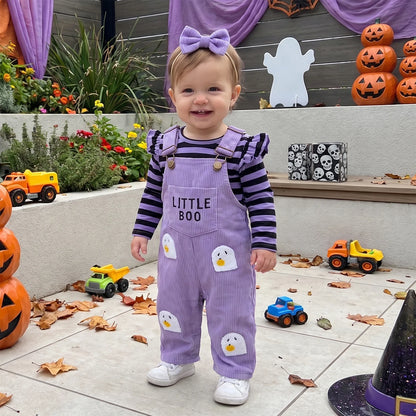 Toddler Girls 3-Piece Halloween Outfit – Long-Sleeve Striped Romper with Pumpkin & Ghost Embroidery, Overalls & Bow Headband