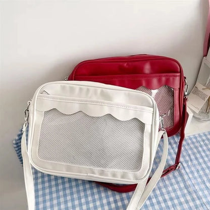 Bolso japonés Harajuku Ita – Bolso bandolera de piel sintética con bolsillo transparente para mujeres y estudiantes de secundaria, bolso de estilo uniforme JK, bolso de almacenamiento de moda Kawaii para coleccionistas y uso diario