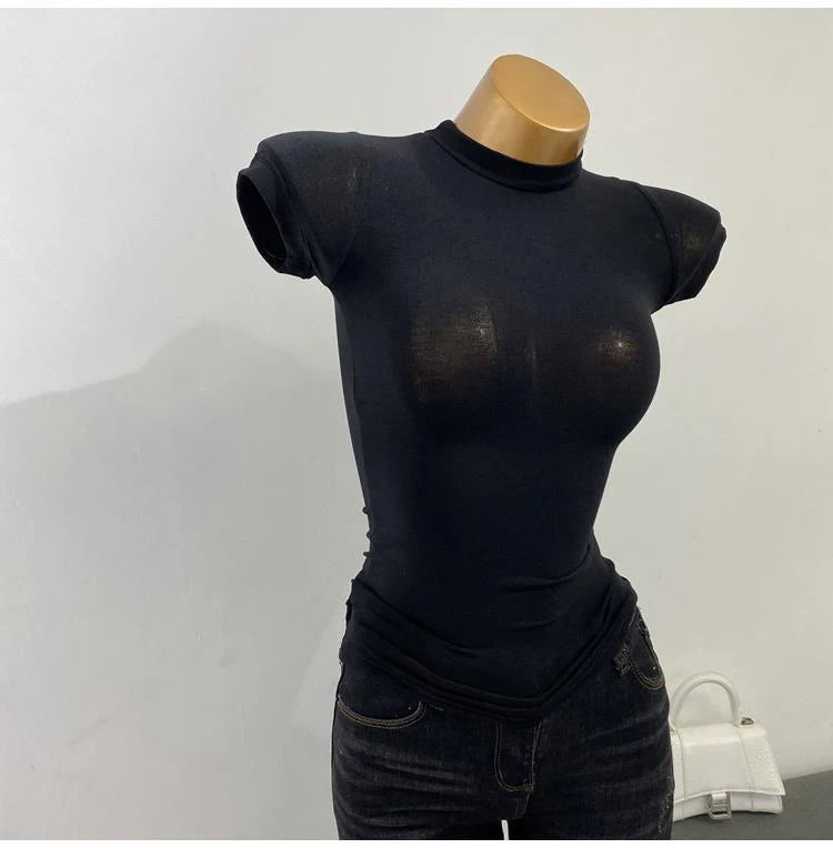 Half High Collar Korean T-Shirt – Transparent Short Sleeve Slim Fit Elastic Inner Top, Solid Color Bottoming Shirt for Women, Stylish Layering & Fashion Casual Wear
