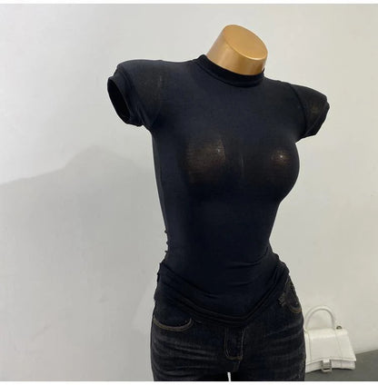 Half High Collar Korean T-Shirt – Transparent Short Sleeve Slim Fit Elastic Inner Top, Solid Color Bottoming Shirt for Women, Stylish Layering & Fashion Casual Wear