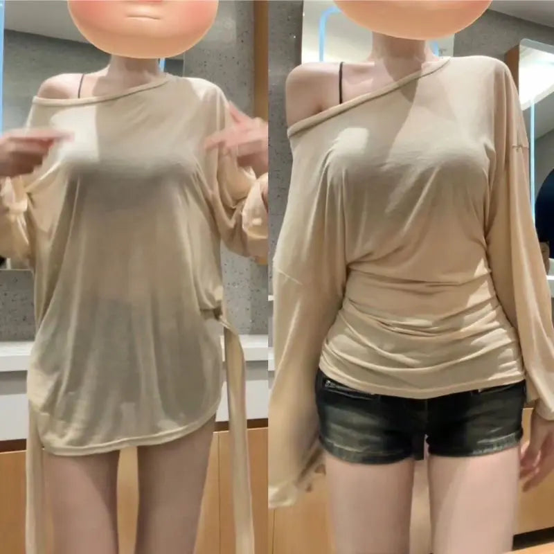 Women’s See Through Long Sleeve Oversize T-Shirt Sexy Back Bandage Off Shoulder Basic Long Tee Korean Chic