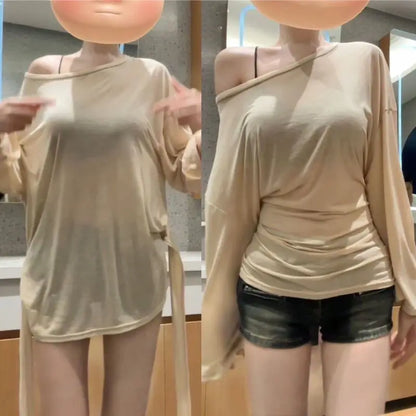 Women’s See Through Long Sleeve Oversize T-Shirt Sexy Back Bandage Off Shoulder Basic Long Tee Korean Chic