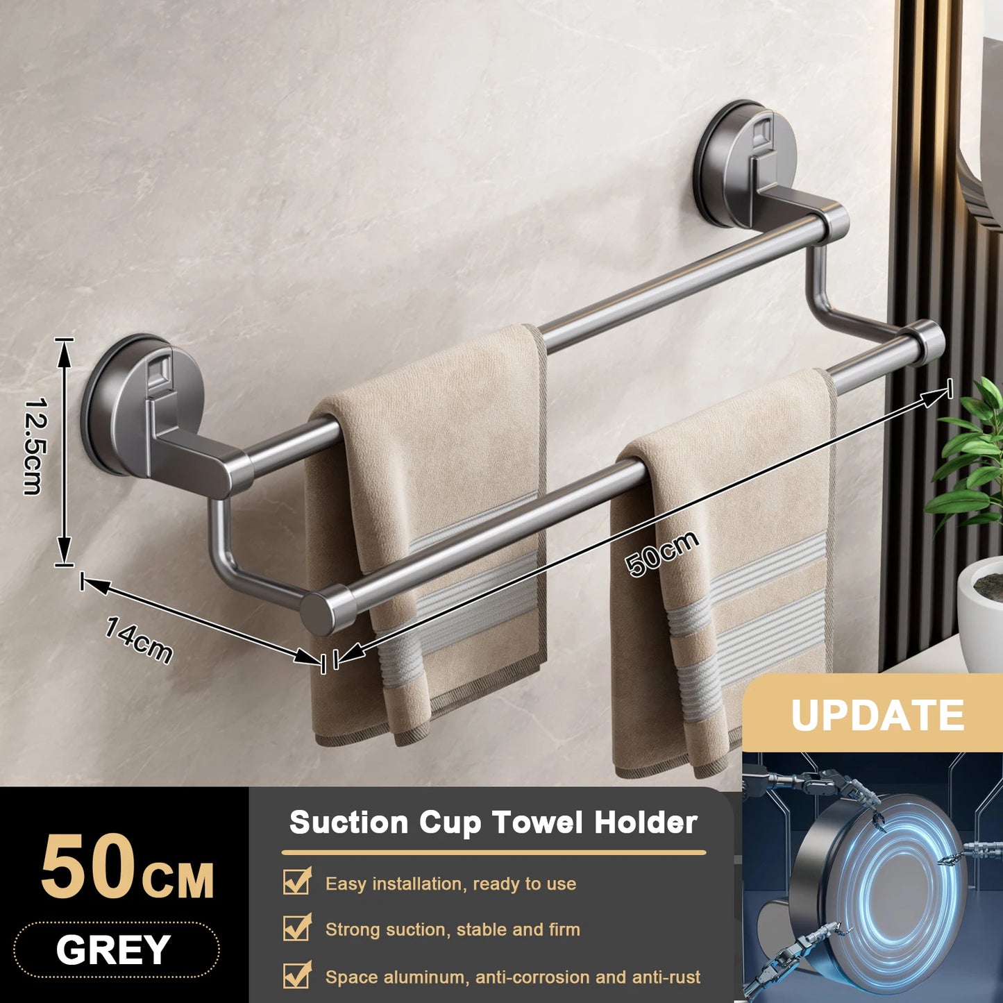 Toallero de Ventosa para Pared, sin Taladro, para Baño, Barra de Toalla de 30/40/50cm, Soporte que Ahorra Espacio
