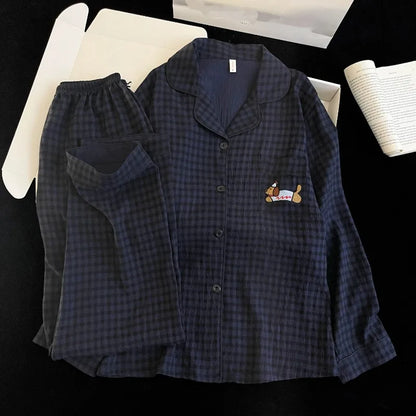Pijama de 2 piezas a cuadros con bordado de perro para mujer - Estilo coreano, suave, de manga larga, ropa de dormir y de estar para otoño