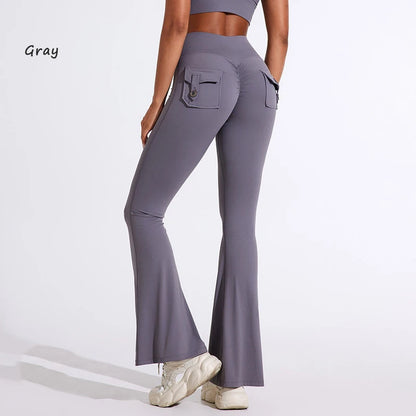 DIAS FIT JOY Pantalon de yoga évasé taille haute pour femme – Legging patte d'éléphant push-up avec poches, pantalon d'entraînement à séchage rapide pour la course, la gym, le fitness et l'exercice