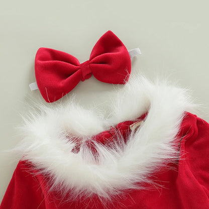 Toddler Girls Christmas A-Line Dress, Long Sleeve O-Neck Plush Trim Holiday Dress with Belt and Matching Headband, Cute Santa Claus Outfit for Xmas Parties, Festive Celebrations and Winter Photoshoots