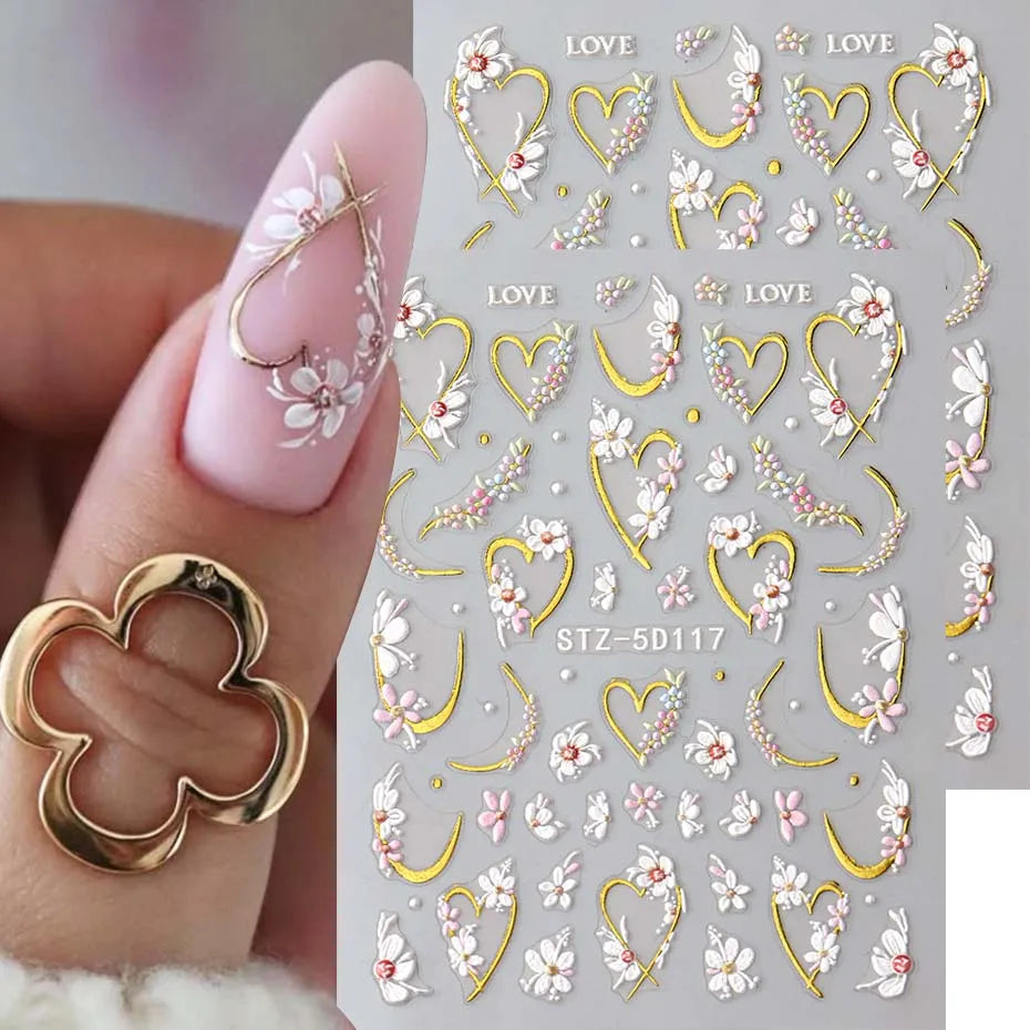 2pcs 5D Embossed Flower Nail Stickers – Golden Heart & Pink Petal Nail Art Decals for Valentine’s Manicure Decoration