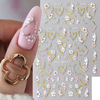 2pcs 5D Embossed Flower Nail Stickers – Golden Heart & Pink Petal Nail Art Decals for Valentine’s Manicure Decoration