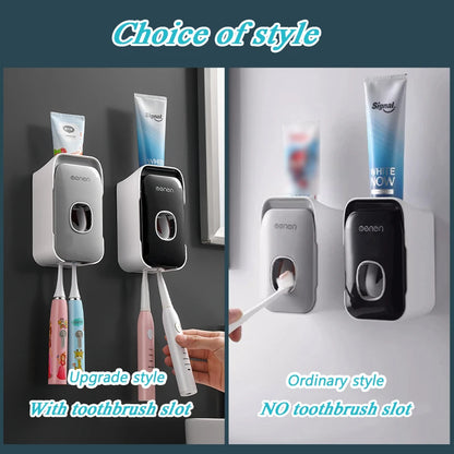 Dispensador de pasta de dientes MENGNI – Exprimidor de pasta dental montado en la pared para baño, soporte para cepillo de dientes sin taladros, organizador manual de bomba de pasta de dientes para almacenamiento y uso diario en el baño